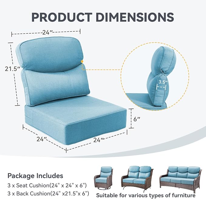 Outdoor Cushion Set for Patio Furniture, UV Resistant, Water Resistant - 6 Inch Thick Dual Layer Back Support Cushions– 24x24 Inch Patio Seat Covers for Chair/Sofa/Couch | Light Blue | 3-Pack |