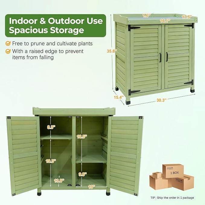 Outdoor Garden Storage Cabinet with Potting Bench, Wood Cabinet with Metal Top, Planting Workstation Table for Patio, Backyard and Garden Tools (Green)