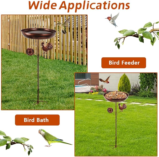 dreamysoul Bird Baths for Outside, 12 Inches Dia Bird Bath Feeder Bowl with Sun and Rooster Decor, Freestanding Metal Birdbath for Outdoors Garden Patio Yard Lawn