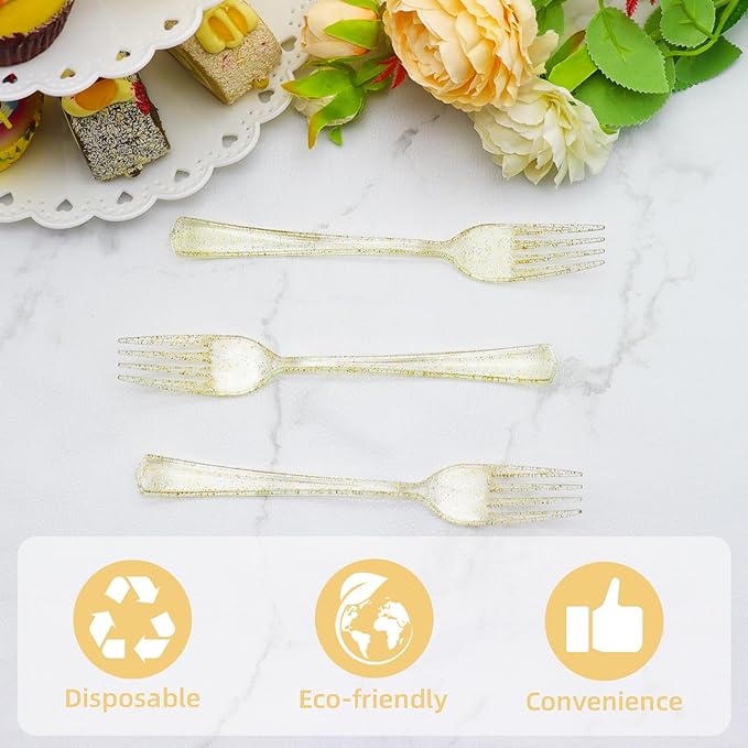 50 Pcs Gold Glitter Plastic Forks Gold Plastic Silverware Heavy Duty Cutlery Set Disposable Flatware Dinnerware for Brithday, Wedding, Baby Shower, Family Gathering