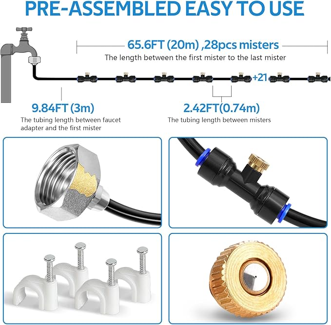 homenote Misting Cooling System 75FT(23M) Pre-Assembled Kit with 28 Brass Nozzles & 3/4" Brass Adapter, Outdoor Mister for Patio, Backyard, Pergola & Greenhouse