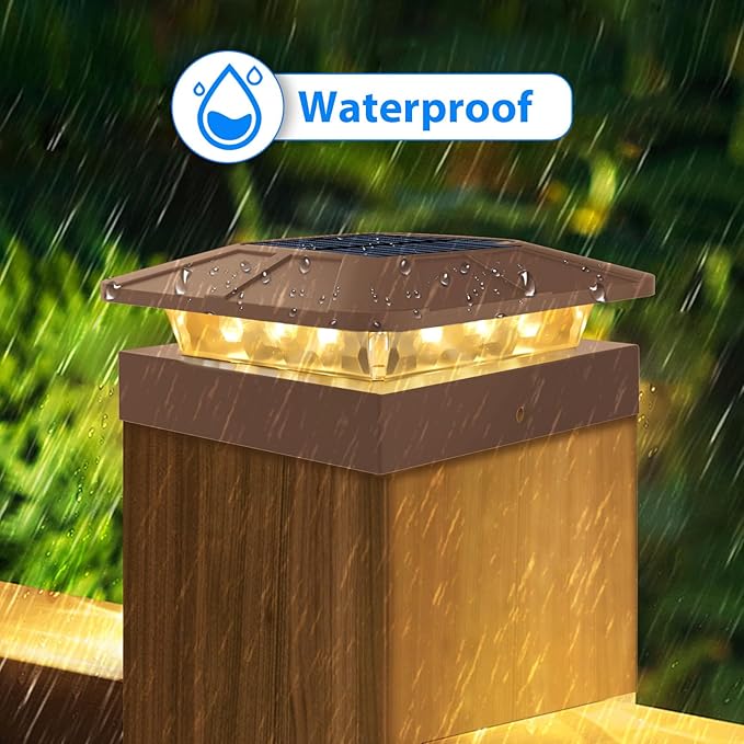 Peasur 16 Packs 4x4 Post Solar Lights 3 Lighting Modes, Brown Solar Powered Cap Lights Fits 4×4/3.5×3.5 Wood/Vinyl Posts, Waterproof Post Top Light Outdoor for Fence Deck Mailbox Porch Railing