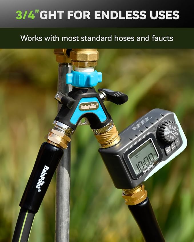 RAINPOINT Garden Hose Splitter 2 Way, All Metal Heavy Duty Water Hose Y Splitter With 2.05" Extra Long Side Handle & Shut Off Valves, 3/4 Inch GHT Thread Connector For Outdoor Spigot Faucet (Blue)