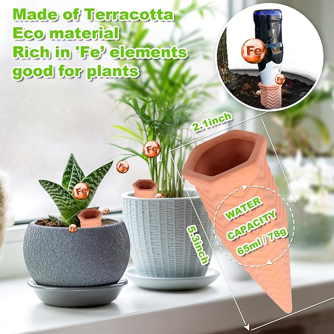 Self Watering Planter Insert Terracotta Watering Spikes Premium Plant Watering Devices Irrigation Dripper Self Watering Spikes Automatic Plant Accessories 4 Packs (Wave)