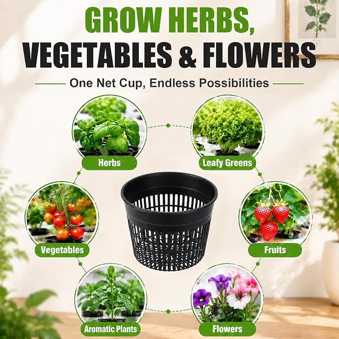Net Cups Hydroponics 12 Pack 6 Inch Mesh Net Pots with 30 Ft Wick Cord & 12 Plant Labels, Slotted Cups for Healthy Root Growth, Indoor Hydroponic Growing & Aquaponics Systems