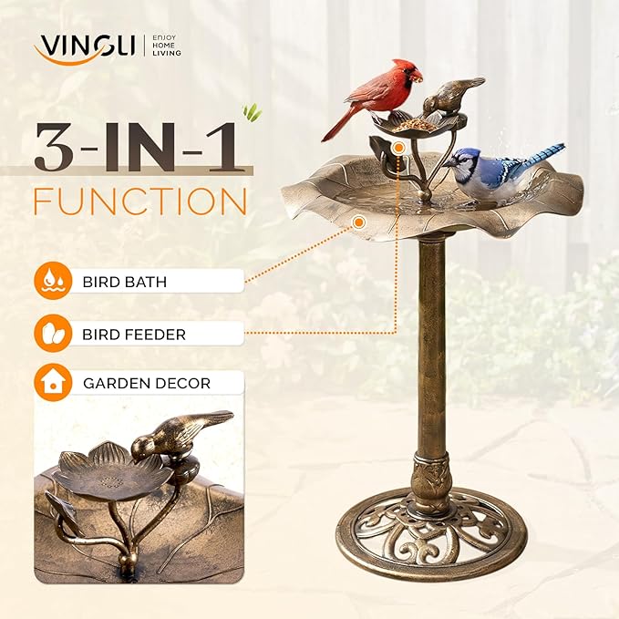 VINGLI Pedestal Bird Bath 28 Inch Antique Copper Resin Birdbaths Weather Resistant Floral Accents and Vintage Finish Garden Decor for Outdoor Lightweight Courtyard… (Copper-with Bird Feeder)