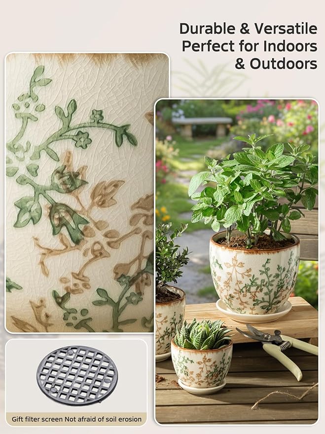 Ceramic Plant Pots, 4.8 Inch Succulent Pots, Planters with Drainage and Attached Saucer Set of 4, Vintage Floral Flower Pots for Home Decor, Plant Lover Gifts