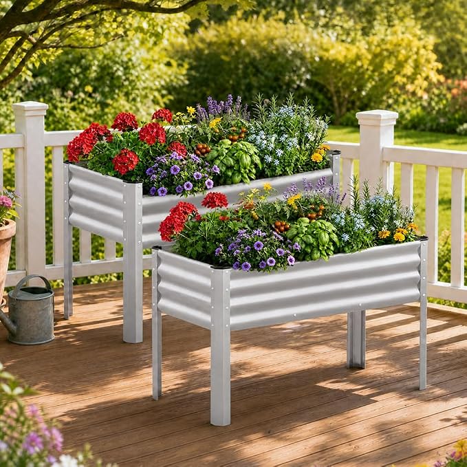 COMHOMA 2 Pack Raised Garden Bed with Legs 4x2x2.5ft,Large Elevated Galvanized Metal Planter Box with Drainage Holes,Outdoor Growing Kit with Gloves Tools for Backyard Patio Lawn,Sliver