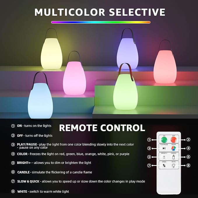 uuffoo Rechargeable Portable Table Lamp, Cordless RGB Lantern with Remote, Decorative LED Night Light, IP44 Waterproof Indoor Outdoor Lamp for Bedroom Patio Garden Wedding Party