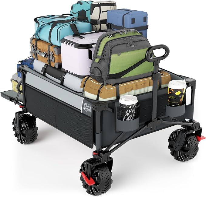 TIMBER RIDGE 600L Beast Wagon 26" W Extra Wide All Terrain Folding w/Big Wheels, Cargo Net & Tailgate, 26" W and 54.5" L, Capacity and 400lbs Heavy Duty Collapsible Portable Cart, Grey