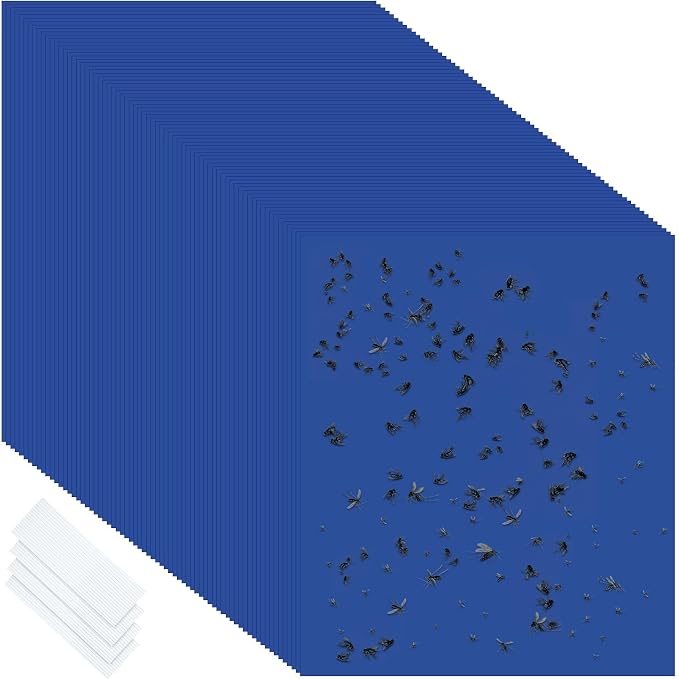 Qualirey 50 Pcs 6x8 Inch Blue Sticky Traps for Thrips Double Sided Sticky Trap for Gnats Plant,Pest Control for Fungus Gnats, Thrips, Whiteflies with Twist Ties