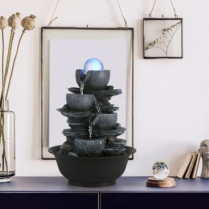 Dyna-Living Tabletop Water Fountain Indoor Waterfalls Fountains with Colored LED Light Decorative Tabletop Fountain with Automatic Pump, Desktop Indoor Water Fountains for Office Relaxing