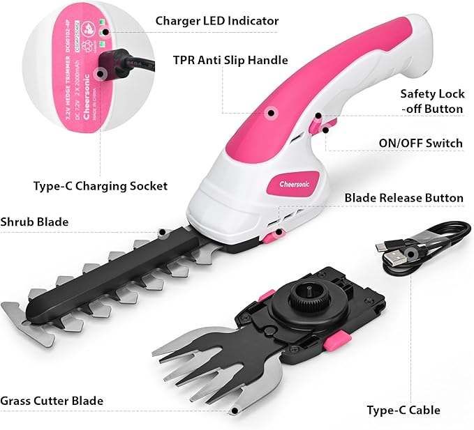 Cordless Grass Shear & Hedge Trimmer 7.2V Handheld Electric Grass Trimmer with 2 * 2000mAh Battery 2 in 1 Lightweight Shrub Trimmer Type-C Cable for Small Bushes, Lawn Edging & Garden Pink