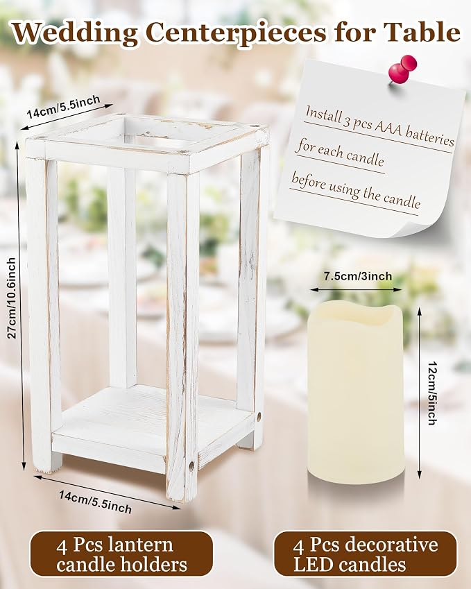 Huquary 8 Pcs Wooden Wedding Lantern Centerpiece for Table Decoration Includes 4 Farmhouse Candle Holder and 4 Flameless Decorative LED Candles for Rustic Home Wedding Decor(White)