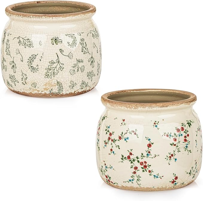 Sungmor Set of 2 Farmhouse Ceramic Planters with Drainage Hole,Vintage Crackle Glaze Flower Pots, Tuscan Decor Pots for Indoor/Outdoor Herbs,Succulents and Small Flowers