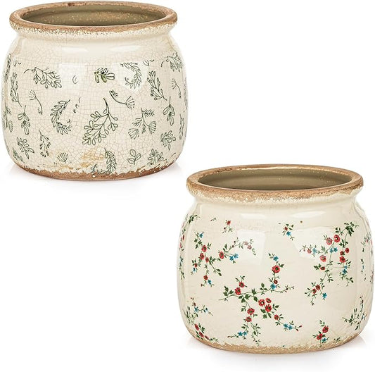 Sungmor Set of 2 Farmhouse Ceramic Planters with Drainage Hole,Vintage Crackle Glaze Flower Pots, Tuscan Decor Pots for Indoor/Outdoor Herbs,Succulents and Small Flowers