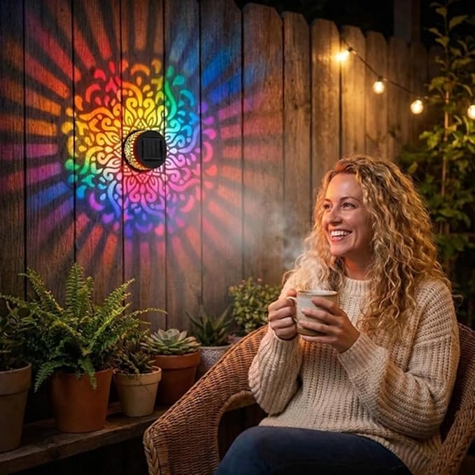 Lscsdf Seven-Color Changing Solar Mandala Projection Wall Light Decorative Solar Mandala Lights Outdoor Waterproof Metal Fence Lights for Yard Garden Post Patio Backyard Decor (4pcs)