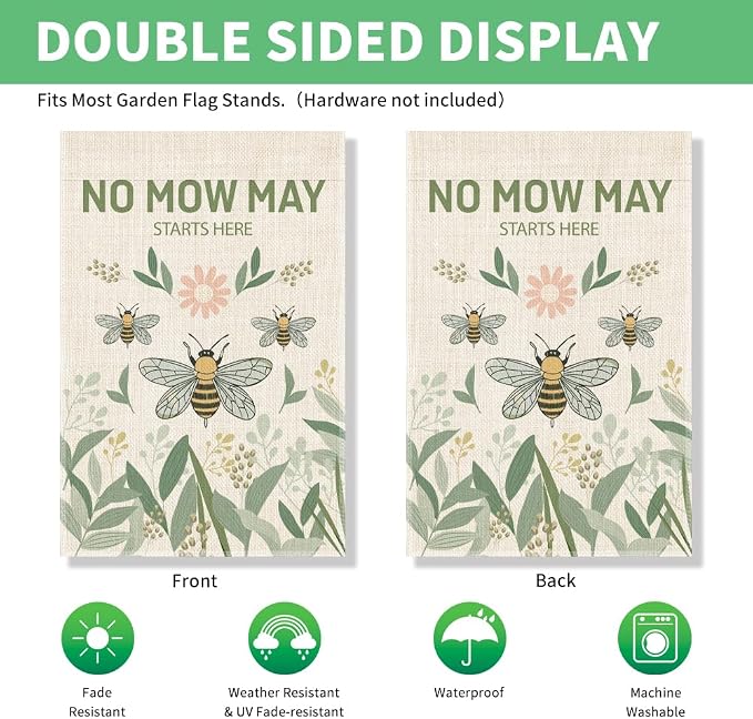 Perfectinsoy No Mow May Starts Here Garden Flag, Pollinator Garden Yard Sign, Community Progress Welcome Yard Home Backyard Porch Patio Lawn Farmhouse Bee Outdoors Decor, No Mow Yard Sign