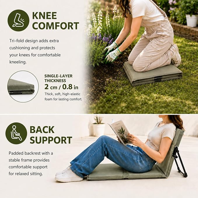 Garden Kneeler with Back Support, Foldable Extra Thick Kneeling Pad for Gardening, Lightweight Garden Seat Pad for Weeding, Planting, Yard Work, Gardening Gifts for Women Seniors, Green