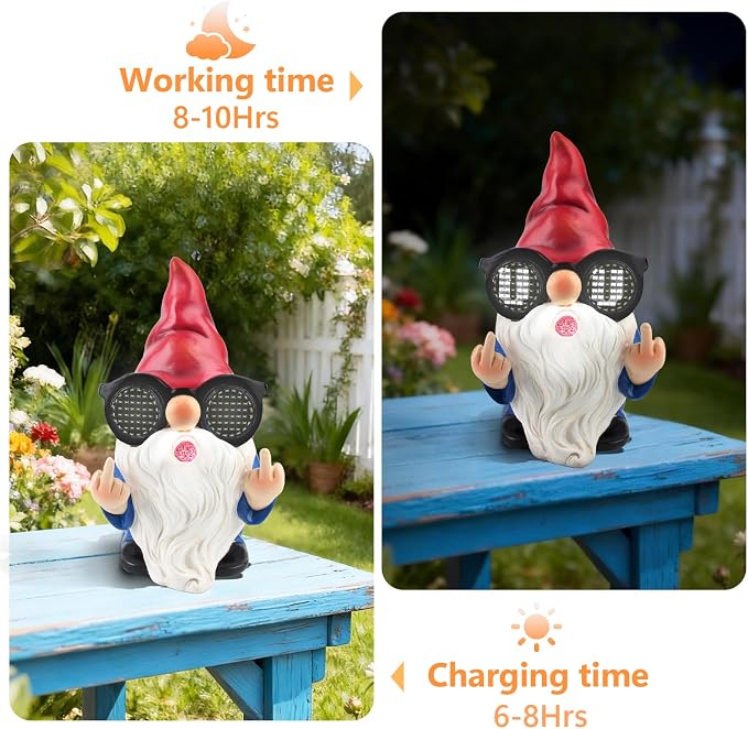 Gnome Statue with Solar LED Glasses, 8.3 in Funny Garden Gnome Statue for Outdoor Decor, Naughty Gnomes Ornaments for Home, Yard, Lawn, Patio and Balcony Decoration