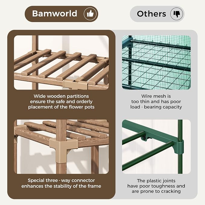 Bamworld Greenhouse Indoor Outdoor 62.2“ Tall Green House Cover Large Invernadero Tiered Stand for Multiple Display Wood Planter Holder for Living Room Garden Balcony Patio Decor
