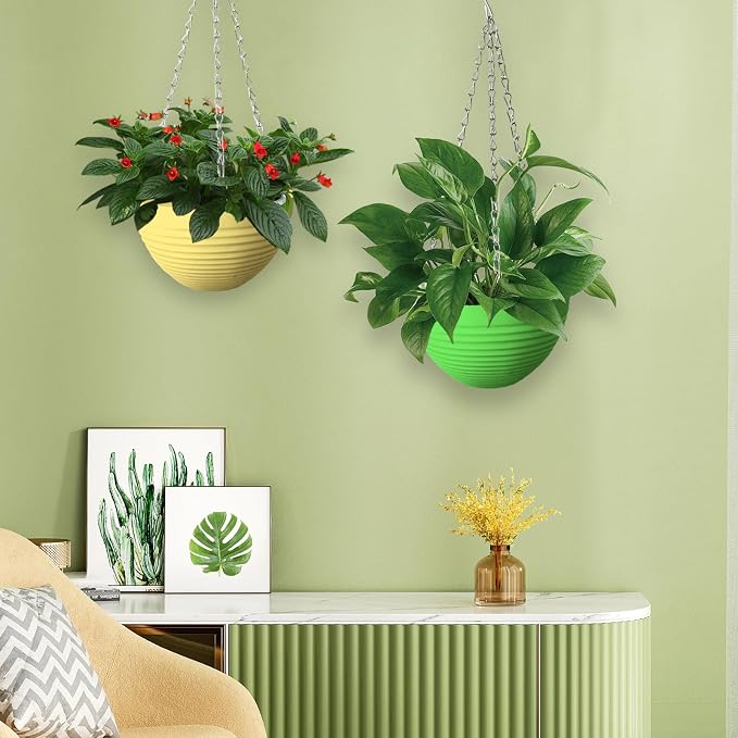 Srmayyi 8 Pack 8 Inch Plastic Self Watering Hanging Planters,Colorful Hanging Basket Planter with Drainer and Metal Chain,Garden Flower Plant Pot Container for Indoor Outdoor Plants,8 Colors