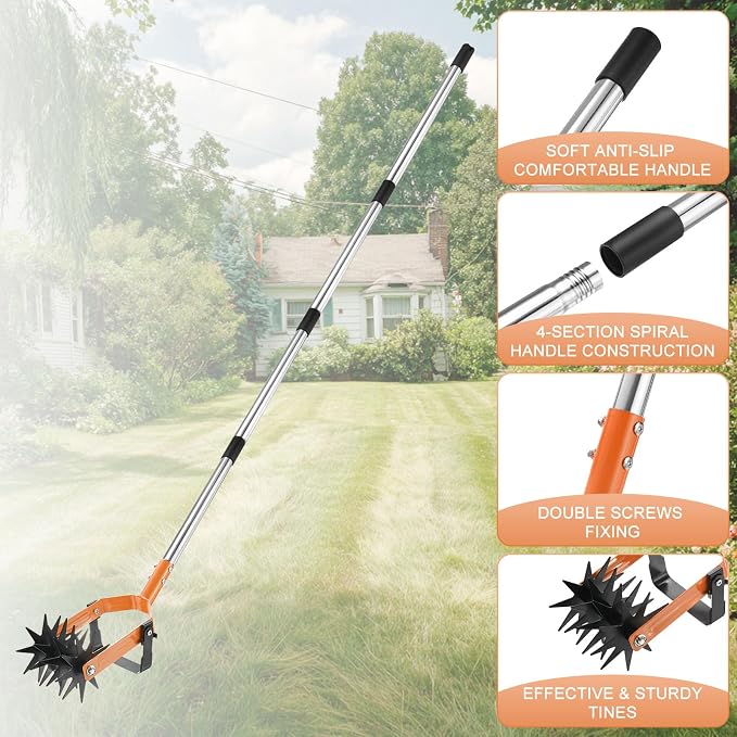 M METERXITY 2-in-1 Rotary Cultivator Tool, 72 Inch Adjustable Garden Hand Tiller with Star-Shaped Rolling Tines, Weeder & Soil Aerator for Loosening Mixing Soil/Lawn Care/Reseeding Grass