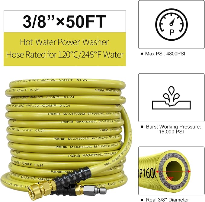 POHIR 50ft Pressure Washer Hose 3/8" 4800 PSI, Power Washer Hose with 3/8 Quick Connect, Hot & Cold Water Hose Max 248°F, Commercial Industrial Grade Steel Wire Braided Kink Proof Extension Hose