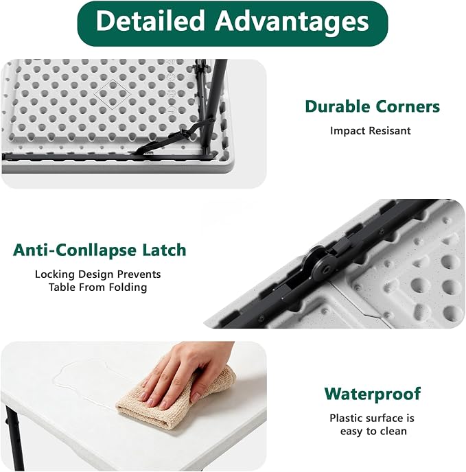 2 Pack Folding Table 4ft - Heavy Duty Fold-in-Half Plastic Table with Adjustable Height, Portable Utility Tables with Steel Legs for Indoor, Outdoor, Picnic, Camping, Dining, Party (White)