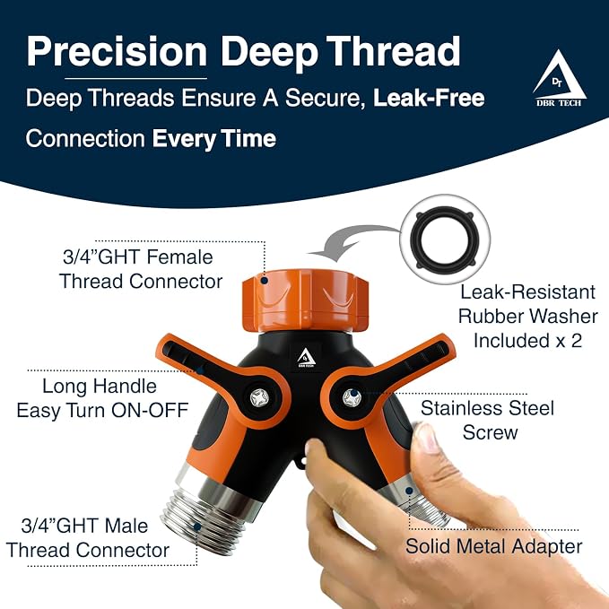 DBR Tech® Hose Splitter 2 Way, Heavy Duty Metal Connector, Two Way Garden Hose Splitter, High Flow Spigot Faucet Bib Adapter, Solid Double Y Shut Off Valve for Outdoor Gardening Hoses, Orange