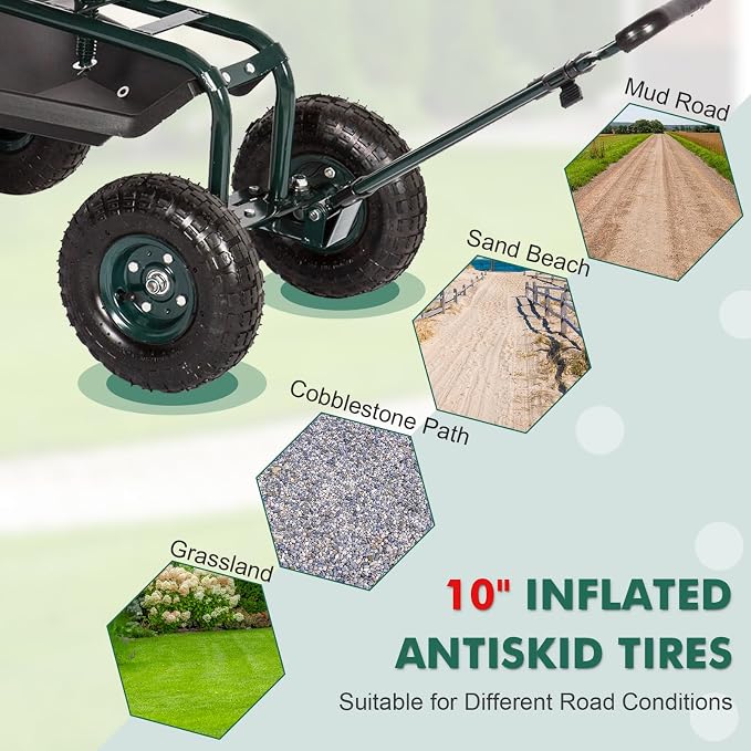 J-Sun-7 Garden Cart with Seat - Steel Rolling Garden Scooter Stool with Wheels, 360 Degree Swivel Work Seat, Adjustable Handle, Tool Tray, Basket, Gardening Stools for Seniors, Green
