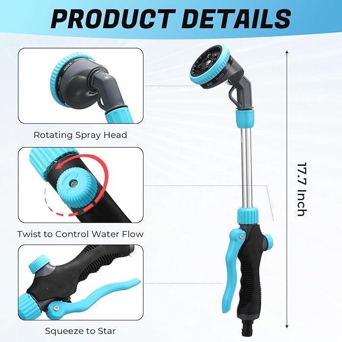 Hushee 2 Pack Garden Hose Watering Wand, 17.7 Inch Metal Watering Wand with 10 Spray Patterns and Shut Off Valve, Hose Sprayer Nozzle for Hanging Baskets Shrubs Plants Garden Lawn(Blue)
