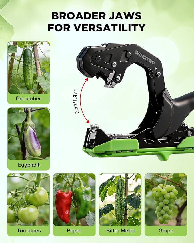 WORKPRO Plant Tying Machine, Lightweight Tape Gun for Tying Vines and Support Plants, Includes Gloves, 20 Rolls of Tape, 10,000 Staples, Ideal for Tomatoes, Grapes, Cucumber and Vegetables