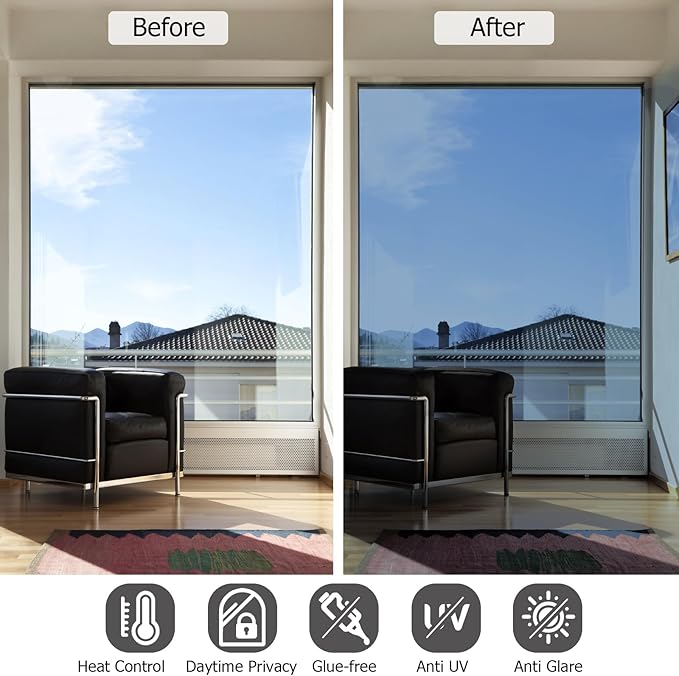 HIDBEA One Way Mirror Window Film ,Daytime Privacy Sun Blocking Reflective Window Film Static Cling Heat Control Window Tinting Film for Home and Office, Blue Silver, 35.4 x 196.8 Inch