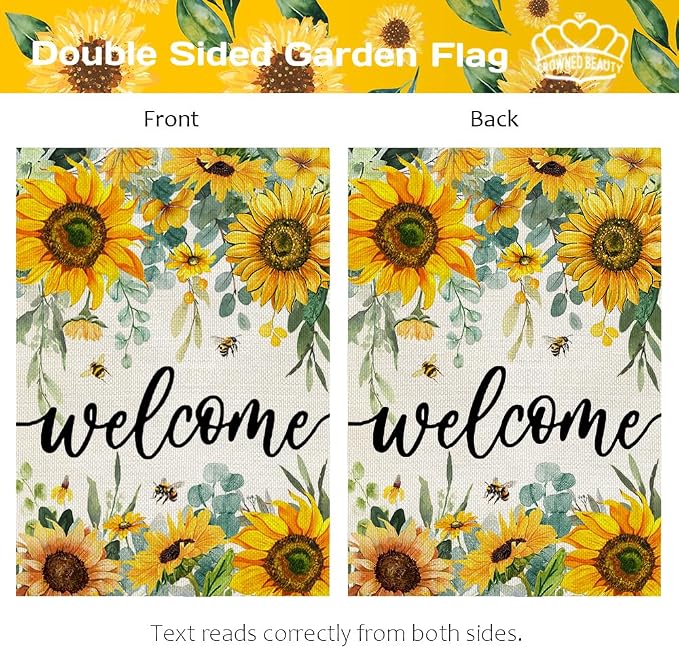 CROWNED BEAUTY Summer Garden Flag Sunflowers 12x18 Inch Double Sided Small Yellow Floral Seasonal Holiday Decoration for Outside Yard