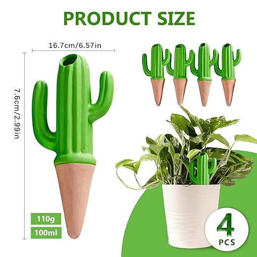 Joyeee 4 Pack Cactus Shaped Watering Spikes, Terracotta Self Watering Devices, Slow Release Waterer for Indoor Outdoor Potted Plants, Automatic Drip Irrigation for Vacations with 60ml Capacity, Green
