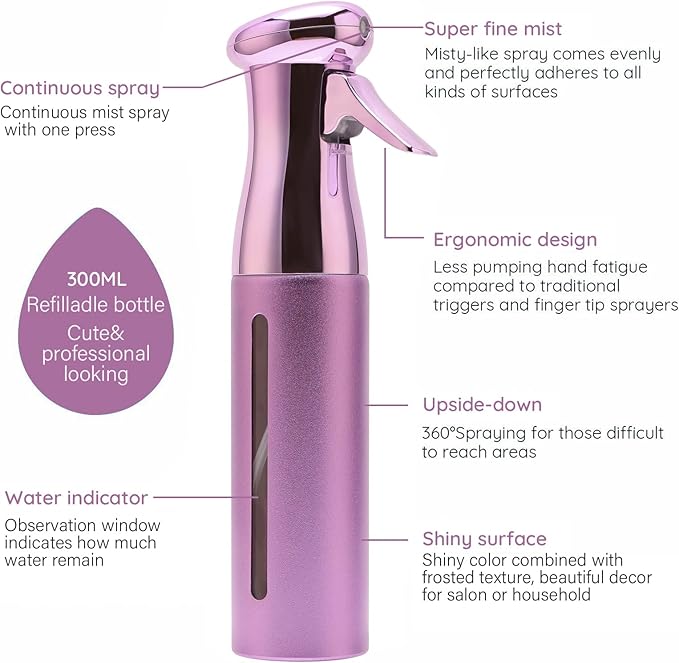 Salon Style Hair Spray Bottle, Fine Mist Continuous Spray Bottle | 10 Oz Luminous Aerosol Free Water Sprayer for Hairstyling, Plants, Cleaning Solutions Dispensing - Purple