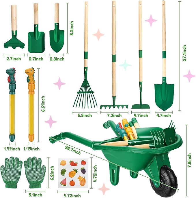 Kids Gardening Tools Set with Wheelbarrow, Wooden & Metal Outdoor Gardening Toys for Summer Outdoor Yard Digging & Weeding, Easter Birthday Gifts for Boys Girls Age 3+ Years (Green)