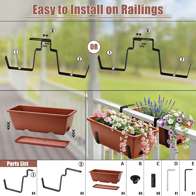 Sunexinlo 4-Pack Railing Planter Boxes with Double-Sided Adjustable Brackets, Plastic Rectangular Flower Boxes with Drainage Holes and Trays for Outdoor Balcony, Deck, Patio, Porch, Fence, Brick Red
