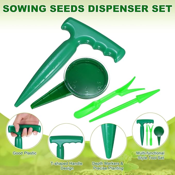 M METERXITY 1-Set Sowing Seeds Dispenser, Plastic Adjustable Hand Planter Seeder Tool Seedlings Dibber and Widger for Transplanting/Flower Planting, Small Gardening Tools [Light Green]