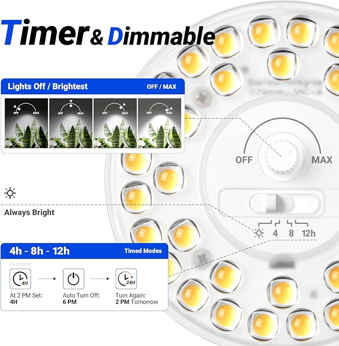 Barrina Orbgrow OG11A4 Clip On Grow Lights for Indoor Plants, Integrated Stepless Dimming & Timing, 5000K 44W(4 x 11W, 400 Watt Equiv), Full Spectrum 4-Gooseneck with E26 Plant Light Bulbs