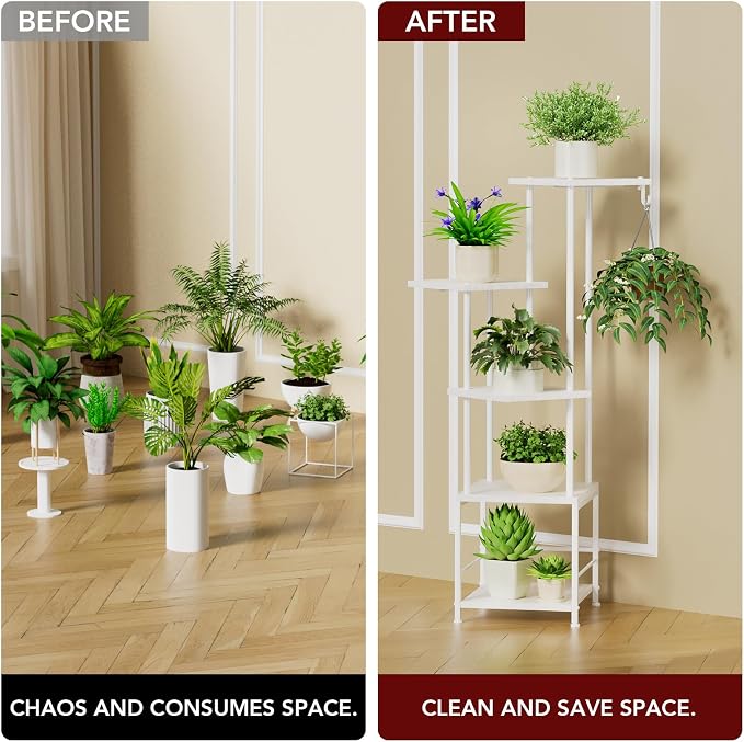 Homsorout Plant Stand Indoor with Grow Light - 5-Tier Metal Plant Shelf with Hanging Basket Hook, Corner Tall Flower Holder for Multiple Plants, Living Room Balcony Garden Patio, White