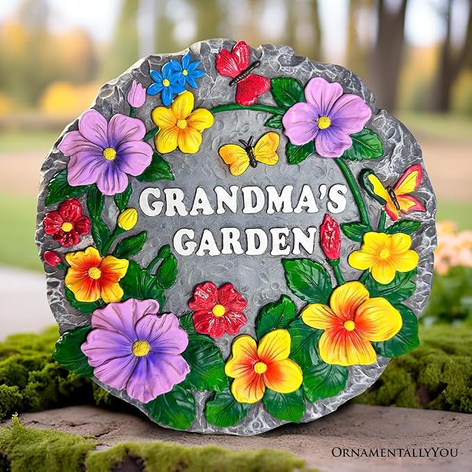OrnamentallyYou Elegant Resin Stepping Stone, Outdoor Garden Pathway Decoration (Grandma’s Garden Floral Stepping Stone, 9.5" Decorative Outdoor Decoration)