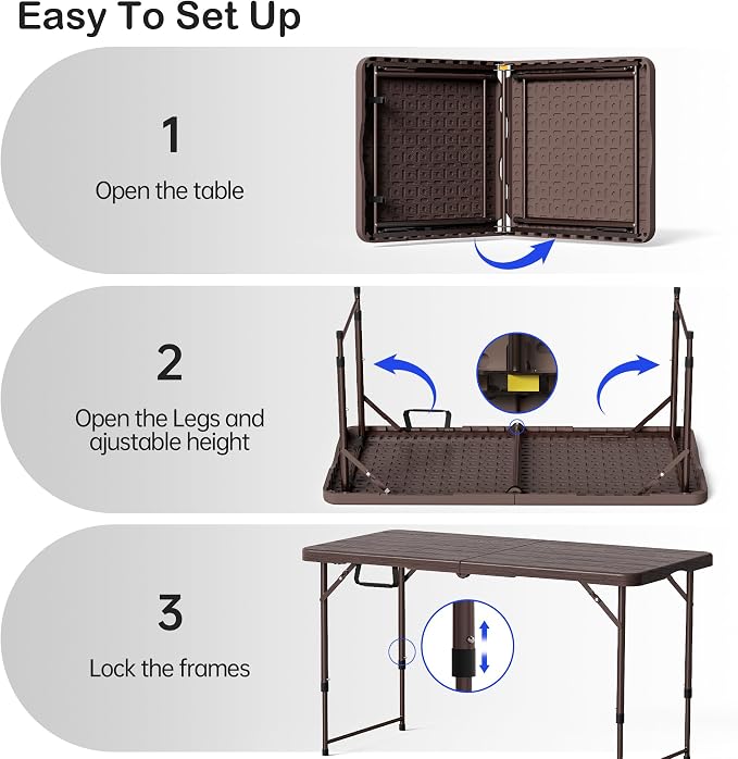 VSOAEIL Set of 2 Folding Table 4 Foot for Indoor Outdoor, Portable Heavy Duty Fold-in-Half Utility Small Plastic Adjustable Height Folding with Carrying Handle for Picnic and Party, 2 Pack Brown