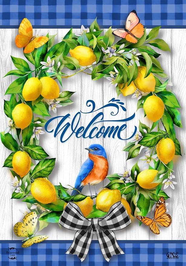 Lemon Wreath Spring House Flag Welcome Bluebird 28" x 40" Briarwood Lane