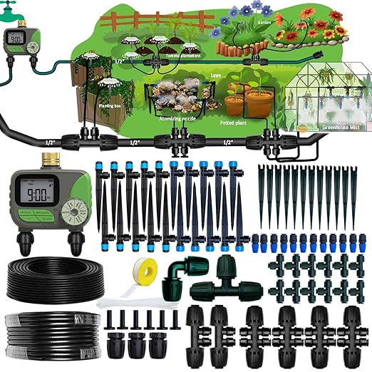 Drip Irrigation System with Water Timer for Garden,Main ID 1/2inch 32Ft and 1/4inch 136Ft Water Hose, 2-Zone Watering System Sufficient Water Pressure, Irrigation Dripper Waterflow Evenly Easy DIY