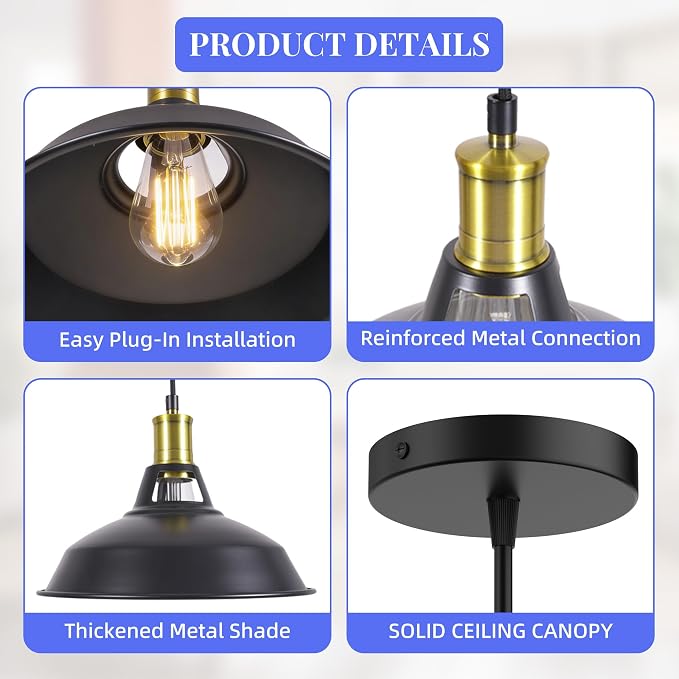 1-Pack Pendant Light Fixtures, Industrial Hanging Light with Metal Shade, Farmhouse Pendant Lighting for Kitchen Island, Hallway, Dining Room, Black & Gold