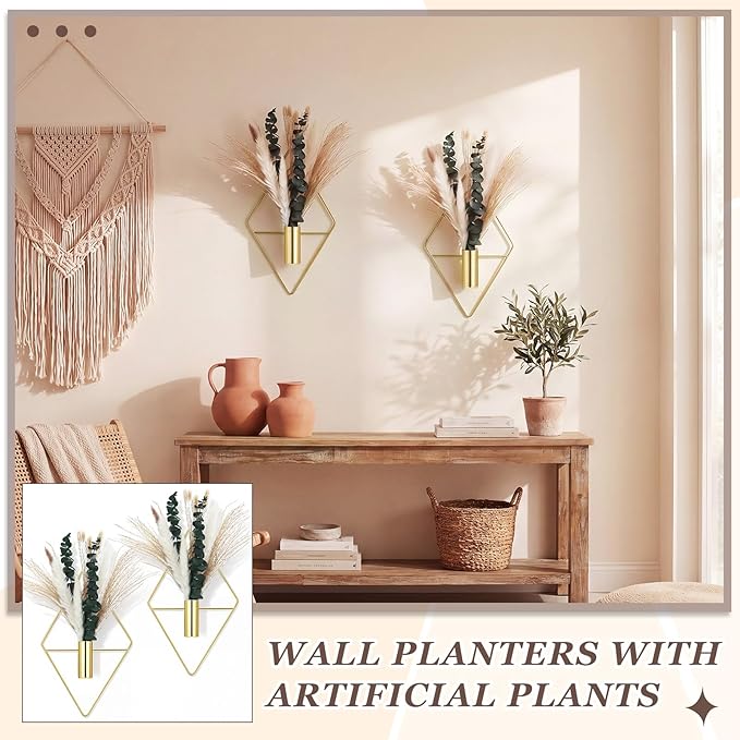 Canlierr 4 Pcs Gold Wall Decor Hanging Planters with Artificial Plants Eucalyptus Pampas Grass Metal Hanging Vase Indoor Plants Holder Modern Boho Wall Art for Bathroom Bedroom Living Room Decor