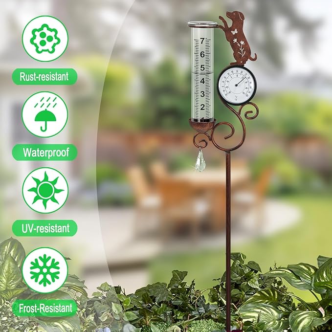 Dog Rain Gauge Outdoor,Large Number Scale Rain Gauge with Temperature & Hygrometer Metal Beagle Garden Stakes for Outside,Lawn,Yard,Patio,Farm