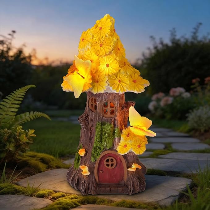 Fairy Garden House, Solar Fairy House for Outside Decor, Mushroom Outdoor Garden Statues for Yard, Lawn, Balcony Patio, Outdoor Figurine Lights Gifts for Mom Women